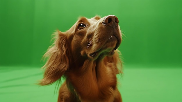 A red setter dog looking up green screen