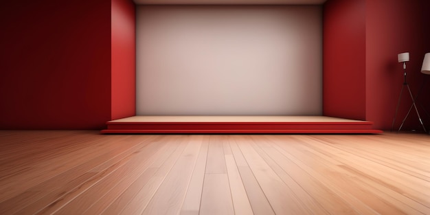 A red shelf in a room with a white wall and a red shelf.