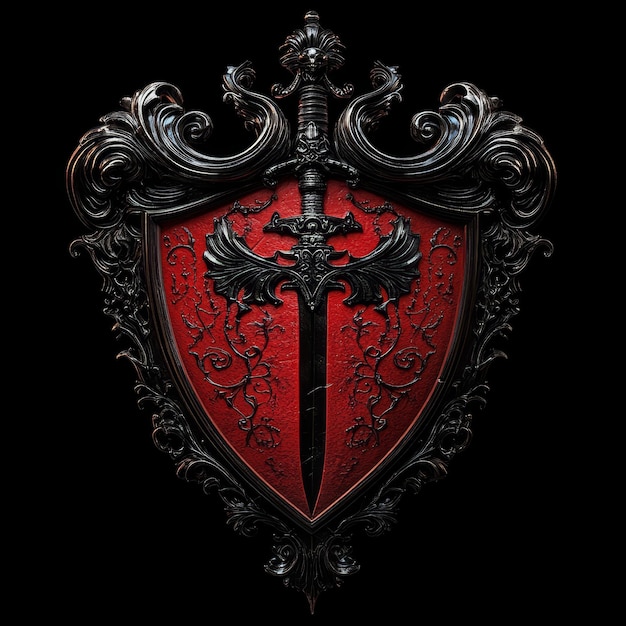 Photo a red shield with a sword on it that saysthe swordon it