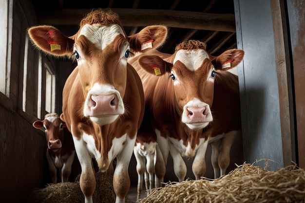 Red shirted cows in a portrait pose consume hay in a stall dairy farming and cattle sector