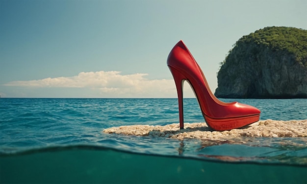 Photo a red shoe sits on a rock in the water