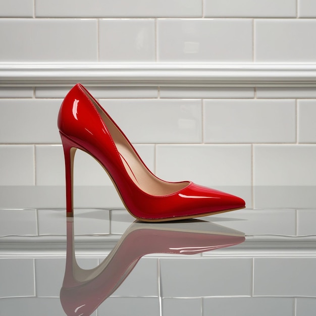 Photo a red shoe on a table with a white tile background