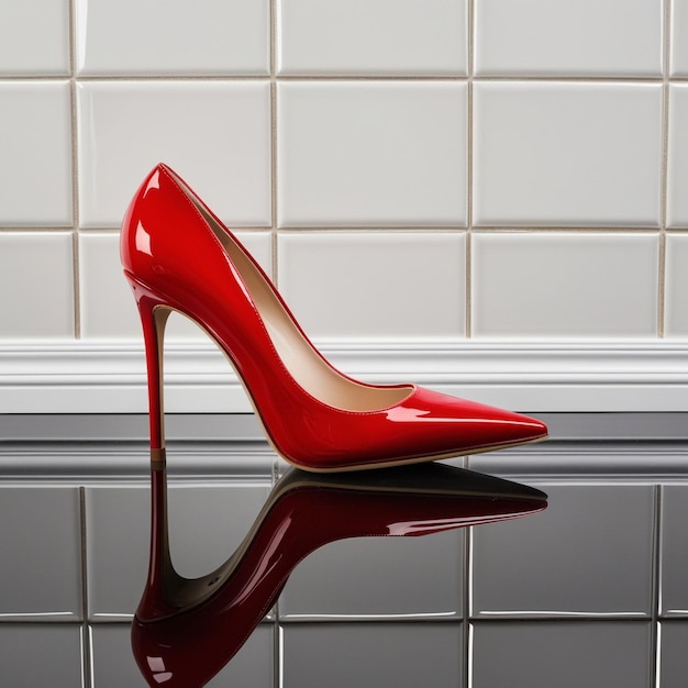 Photo a red shoe with a white tile background and a reflection of a womans red shoe