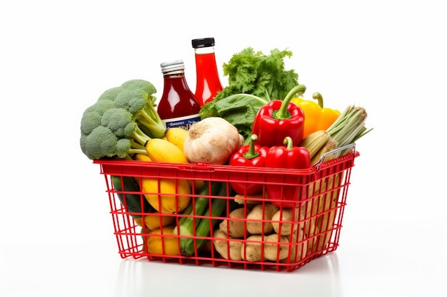 Red shopping basket full of food and groceries