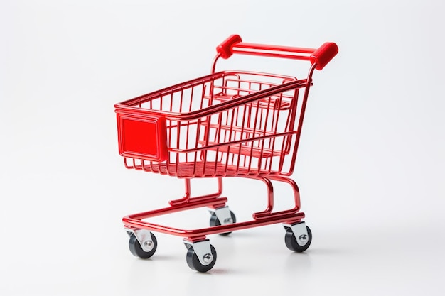 Red Shopping Cart A bright red shopping cart stands prominently against a clean white background The cart is empty showcasing its sturdy metal construction and ergonomic design