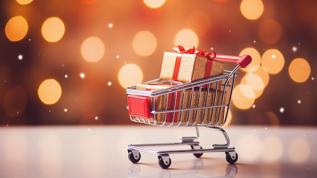 Red shopping cart with golden presents sparkling bokeh festive buying spree