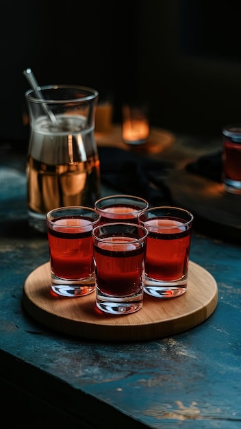 red shots on a wooden tray