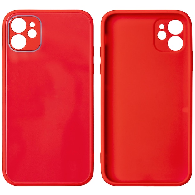 Red silicone case for modern mobile phone isolated on white background