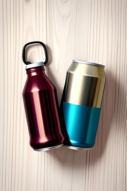 a red and silver can of soda next to a red bottle