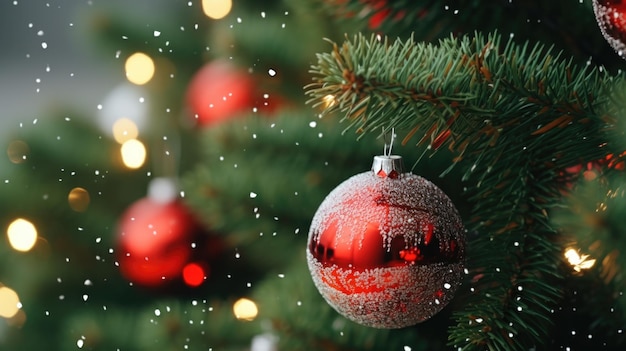 A red and silver Christmas ornament hangs on a tree