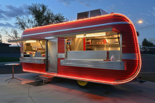 A red and silver food truck parked on the roadside A retrostyle food truck reminiscent of a 1950s diner