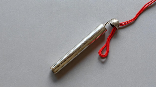 Photo a red and silver object with a red handle is laying on a gray surface