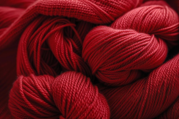 Red skeins of yarn for knitting as background closeup view