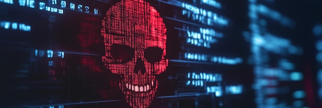 Photo a red skull made of digital code appears on a computer screen representing the dangers of cybe