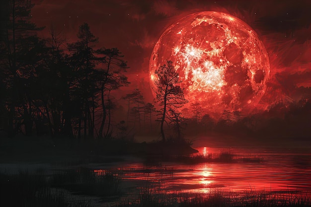 red sky with full moon silhouettes of trees dark fantasy artwork