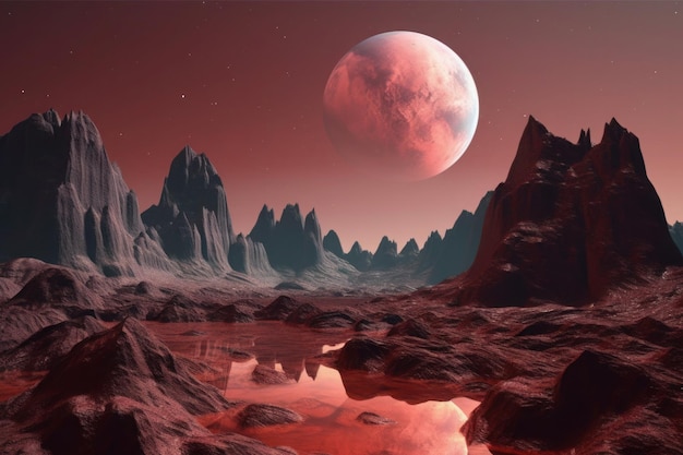 A red sky with mountains near the moon in the style of scifi landscapes saturated pigment pools Generative AI