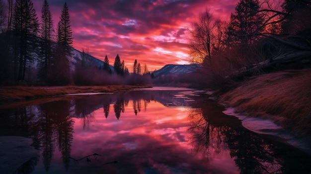 A red sky with a purple sky and mountains in the background