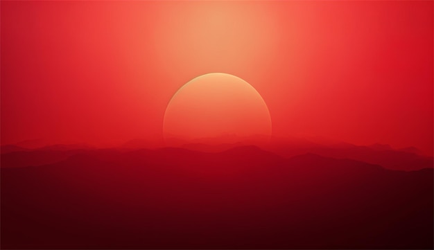 A red sky with the sun setting over the mountains.