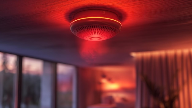 A red smoke detector is lit up in a room