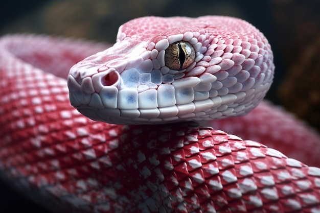 A red snake with a white face and a red eye