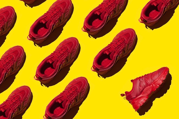 red sneakers on yellow backgraund fashion shoe concept