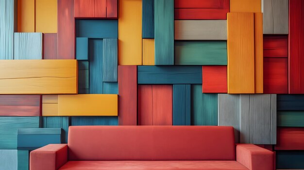 Red Sofa Against a Colorful Geometric Wooden Wall