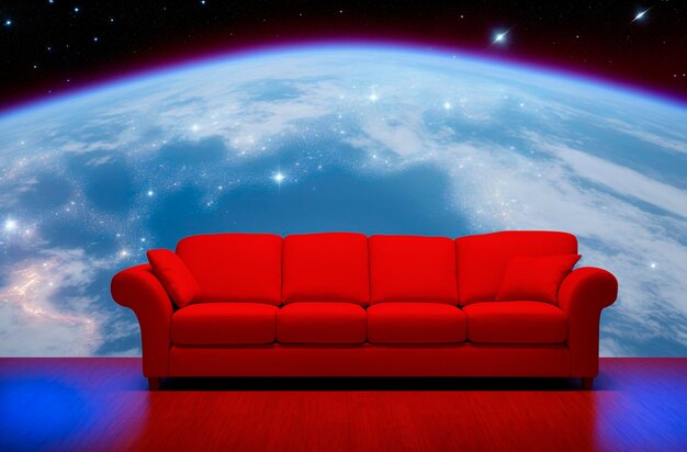 Red sofa on the background of the night and starry sky Generative AI