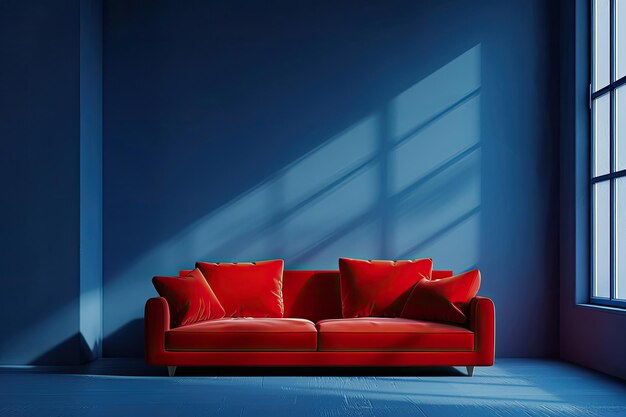 Photo red sofa in a blue living room