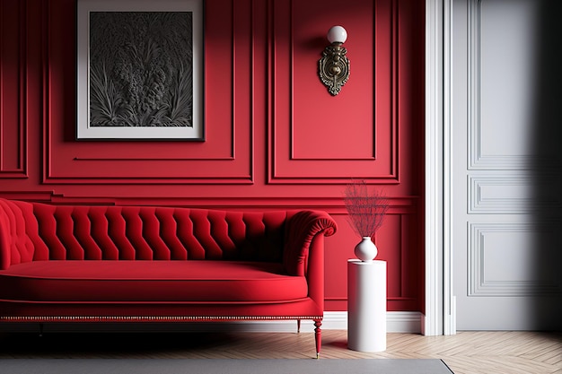 Red sofa moldings and other decor in a classic modern home mockup for an illustration