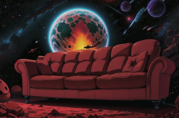 A red sofa stands on an uninhabited planet in space against the background of a cosmic landscape Generative AI