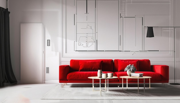 Red sofa with pillows and frames