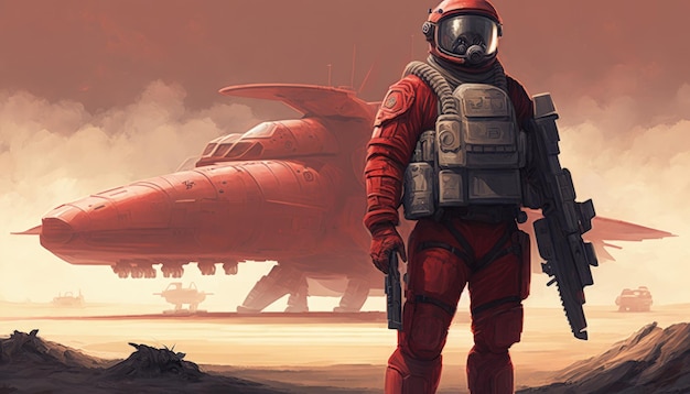 Red spaceman standing by futuristic rover on Mars planet Fantasy concept Illustration painting Generative AI