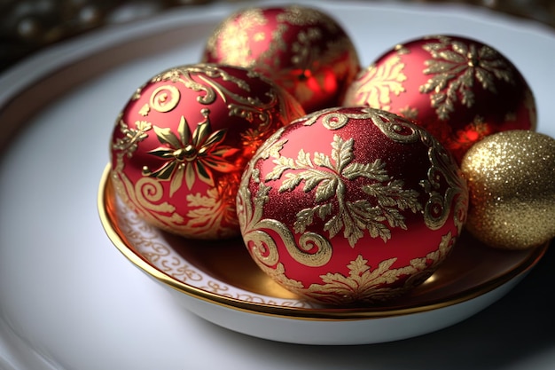 Red sparkly Christmas balls on a dish with a marble design