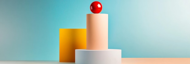 A red sphere sits atop a stacked arrangement of pastel pink white and yellow geometric shapes