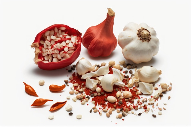 Red spicy peppers and garlic heads isolated on a white backdrop