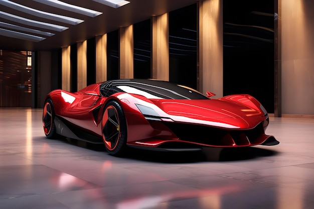 A red sports car in a dark room with lights on the wall.