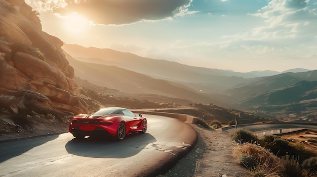 Red sports car descends mountain road as sun sets in the distance