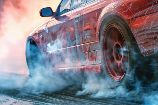 Photo red sports car drifting and burning rubber on track