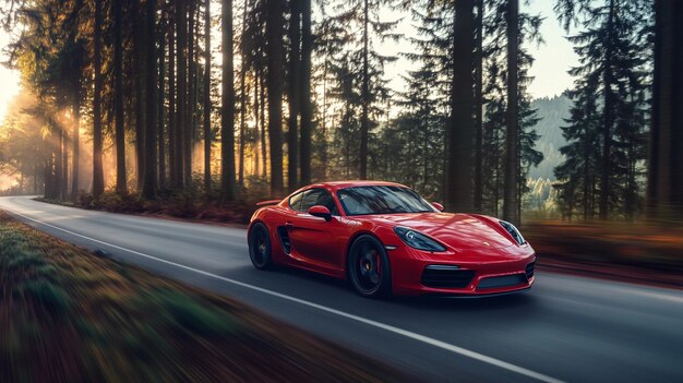 a red sports car driving down a road with trees in the background