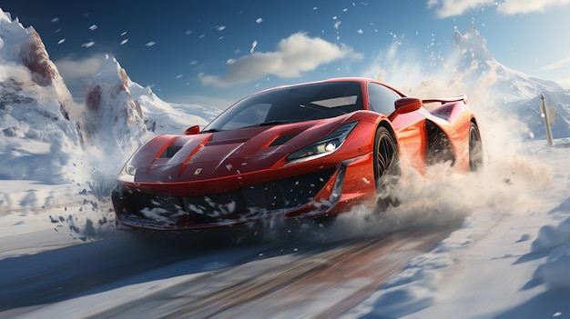 A red sports car driving on a snowy road