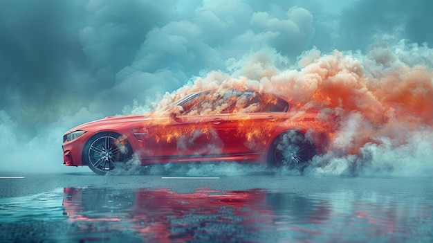 Photo red sports car driving through smoke and clouds on a wet road