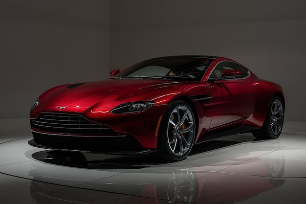 a red sports car is on display in a showroom