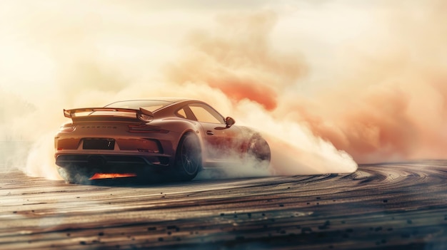 Photo a red sports car is driving on a dirt road with smoke coming out of its exhaust