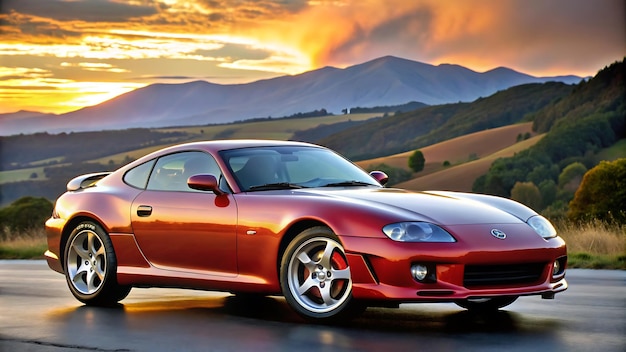 a red sports car is driving down the road with mountains in the background