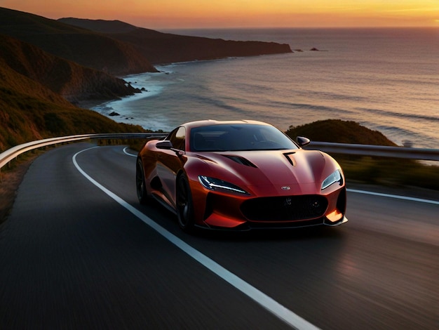 a red sports car is driving down a road with the ocean in the background