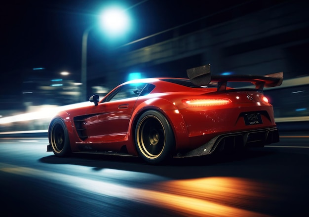 A red sports car is driving down a street at night.