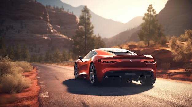 A red sports car is driving on a road in a desert.