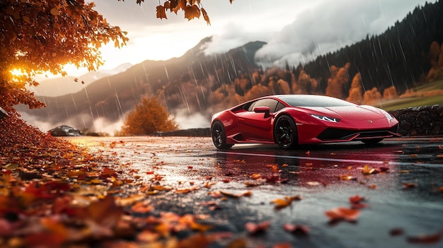 Photo a red sports car is driving on a wet road in the rain