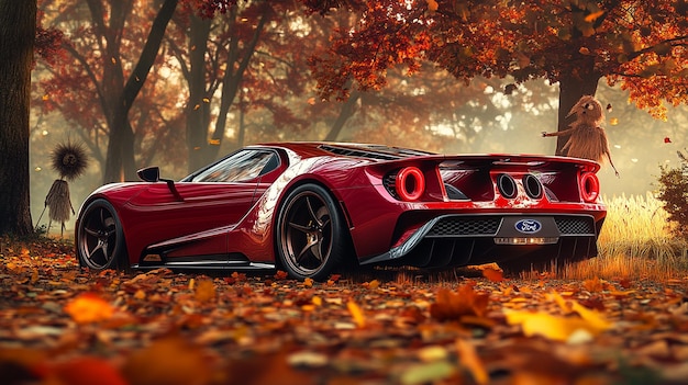 a red sports car is parked in the autumn forest