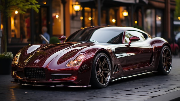 a red sports car is parked on the street in front of a building